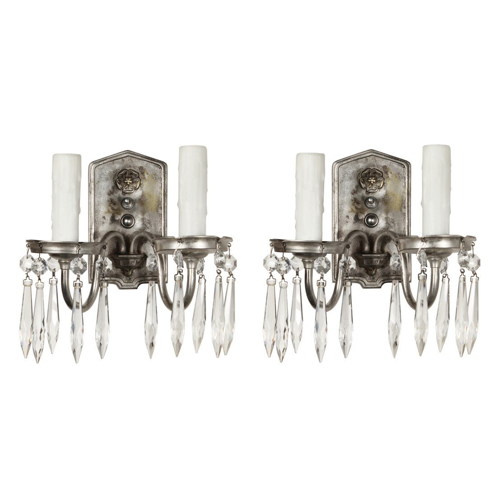 Pair of Antique Silver Plated Sconces with Prisms, NSP1738