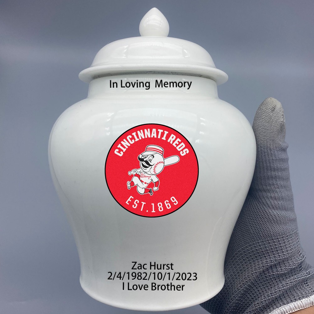 Ceramic Medium Urn for Cincinnati Reds Baseball Theme, Custom Text & Number