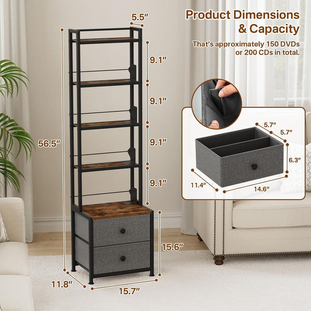 CD Storage Rack with Drawer, 5-Tier DVD Organizer Shelf W/Adjustable Book Stoppe