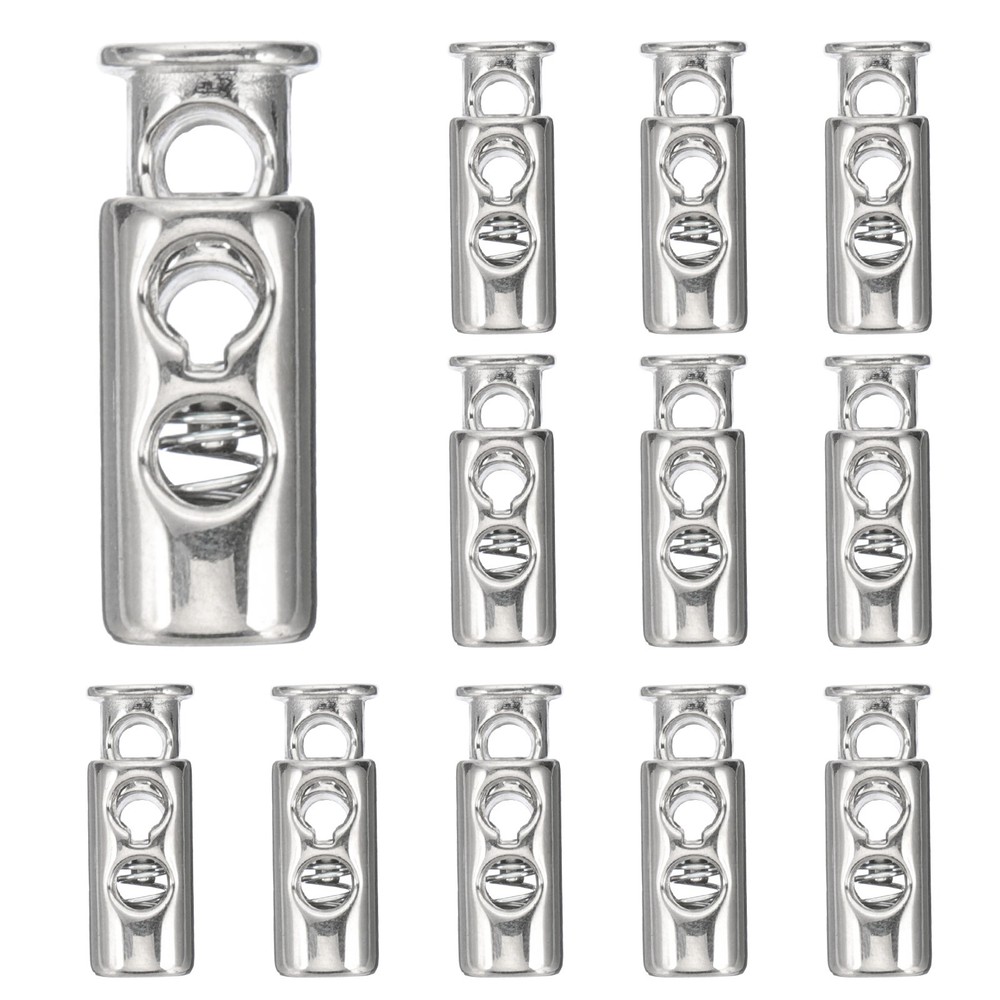 12pcs Cord Lock Plastic Spring Toggle Stopper Double Hole Cord Fastener, Silver