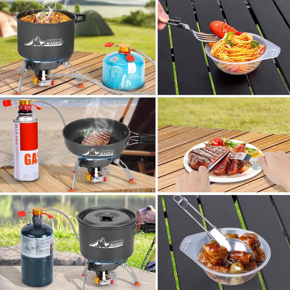 WADEO Camping Cookware Mess Kit with 7200W Camping Stove, Fork Knive Spoon