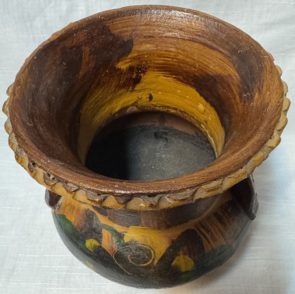 Vintage Mexican Folk Art Handmade Handled Planter