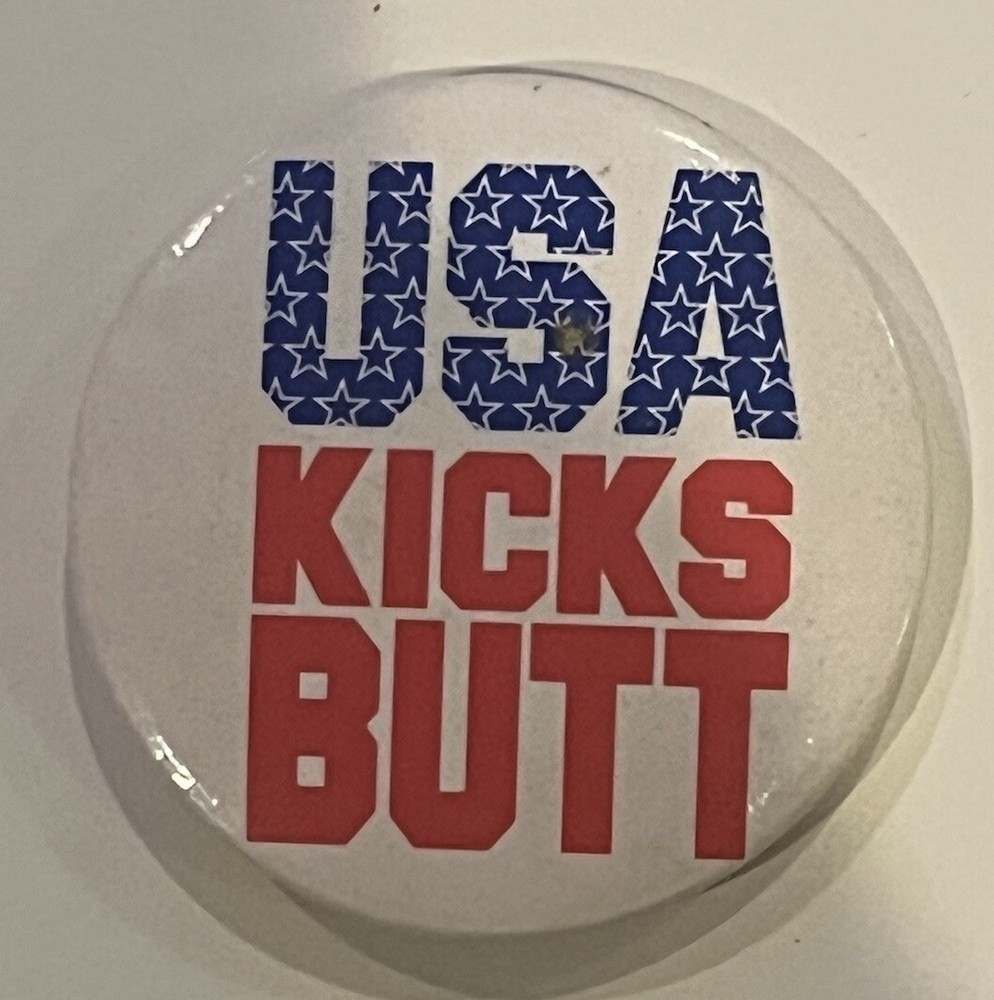 USA Kicks Butt Pin Button 1990 Vintage Patriotic