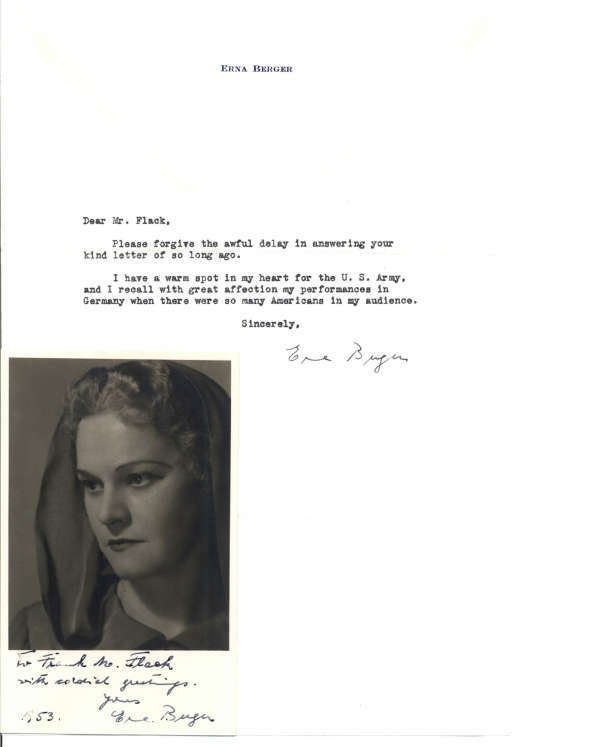 Erna Berger D.1990 Lyric Soprano Signed Letter & Signed 3x5 Photo