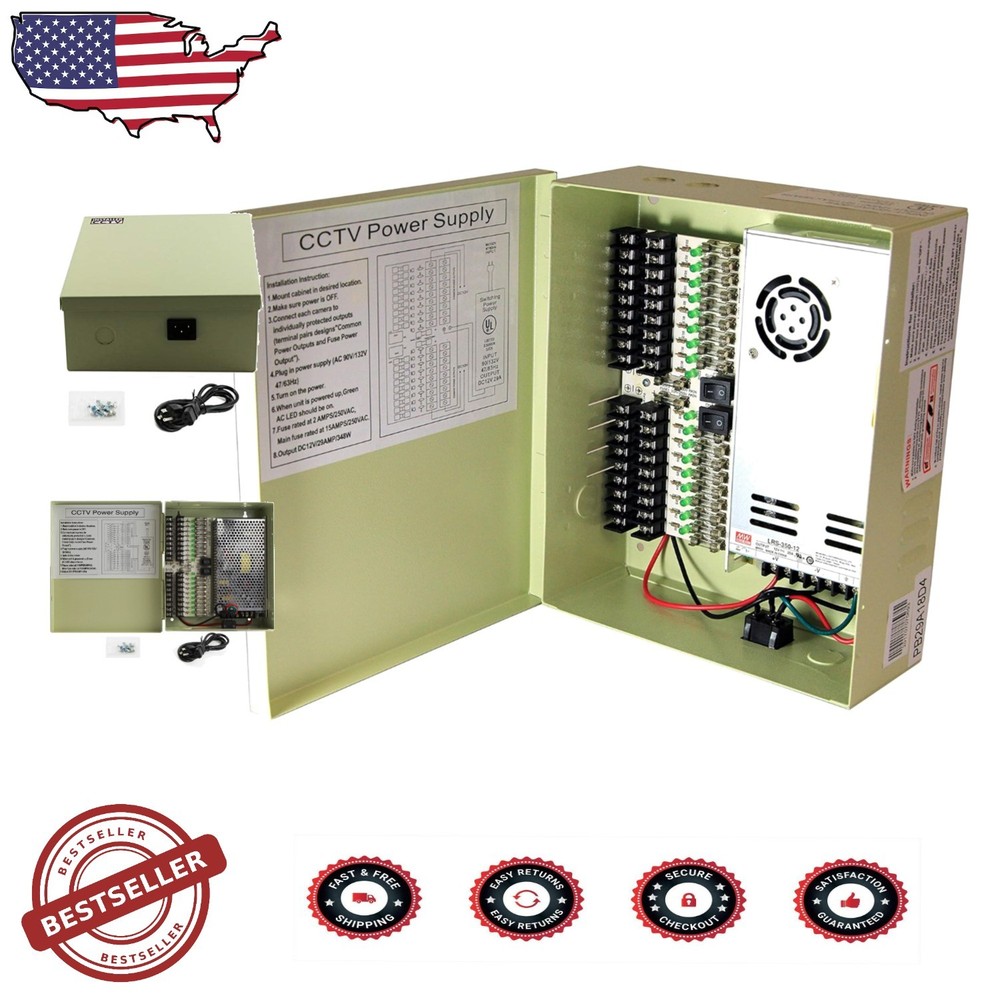 Professional 12V CCTV Power Box - 18 Outputs, 29A Total,  Listed