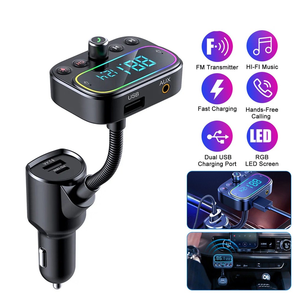 Bluetooth 5.0 Car Wireless FM Transmitter Adapter USB PD Charger Hands-Free