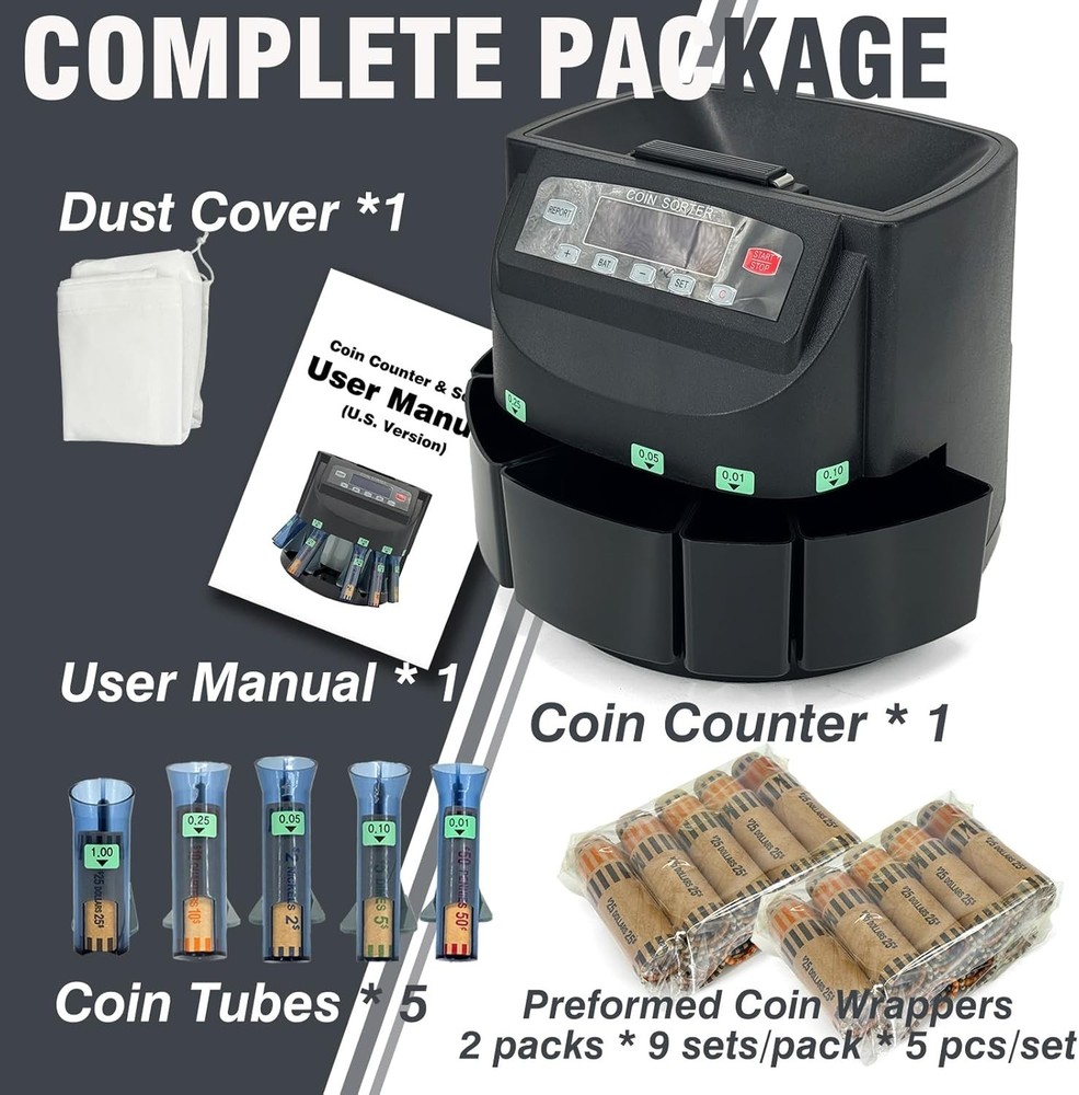 USD Coin Counter Machine with LCD Display,Coin Sorter and Wrapper Machine,Sor...