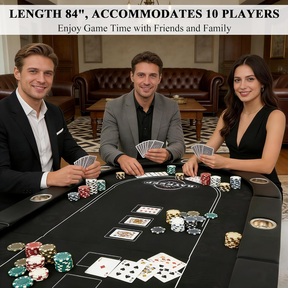 10-Player Foldable Poker Table with Cup Holders & Padded Rails - 84" Black