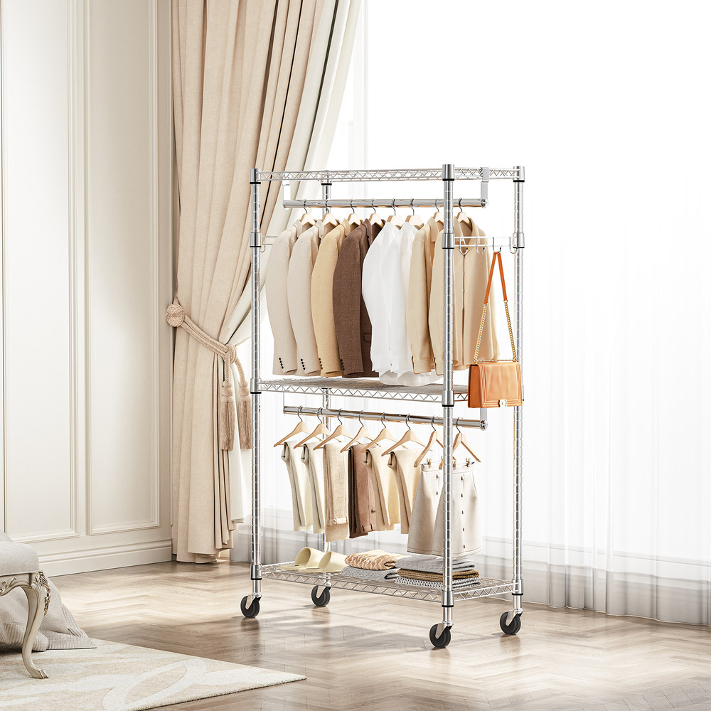 75" Heavy Duty Garment Rack Rolling Storage Closet Clothing Racks Wheels Silver