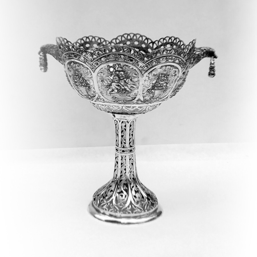 Ornate Footed Basket Open Work Designs Figural Handles 800 Silver