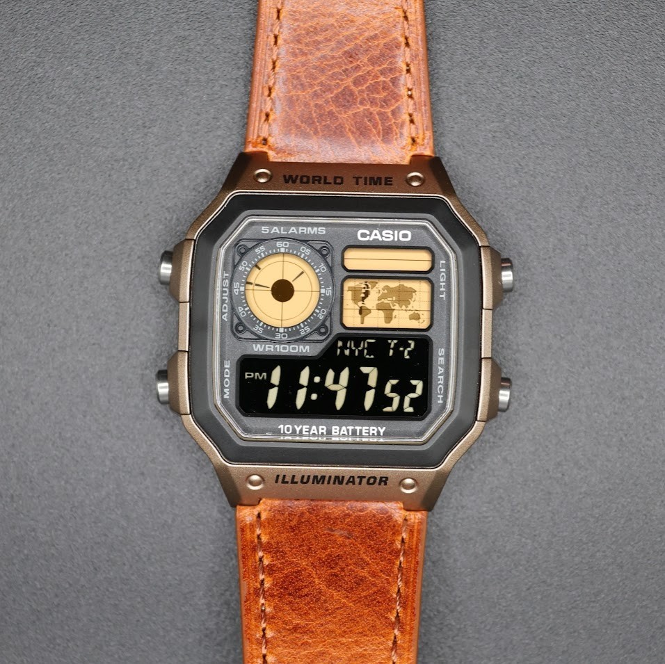 CASIO AE-1200WHD. Royale Watch Mod. Gold Filter. Leather Strap. Negative Display