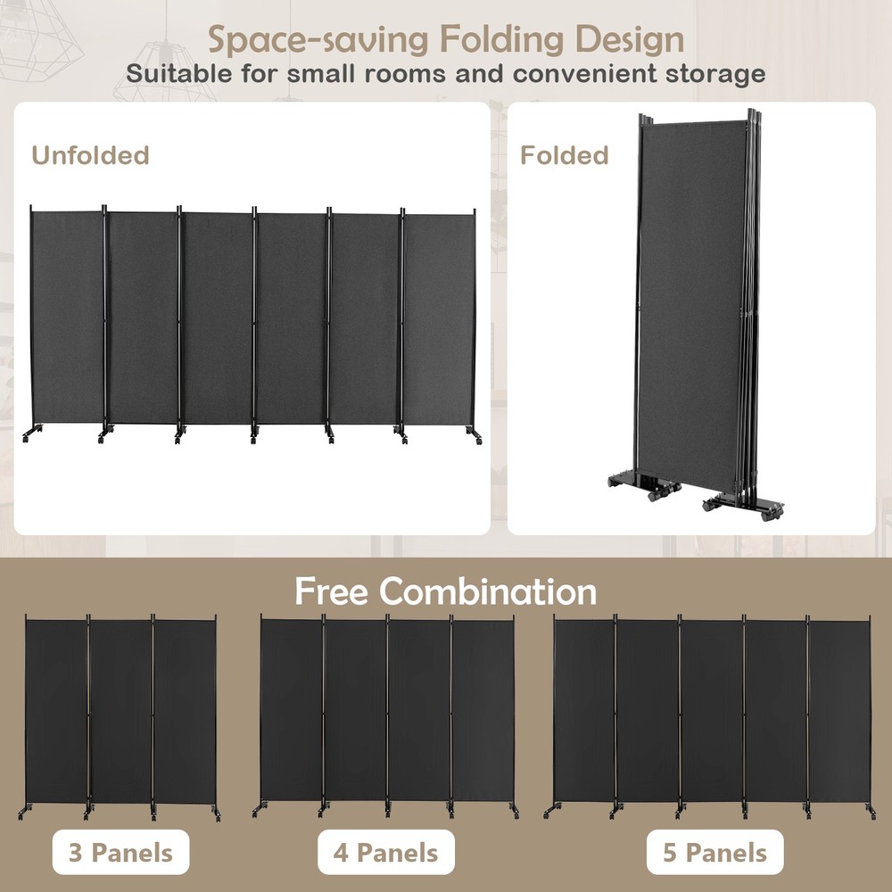 6-Panel Folding Room Divider 6' Rolling Privacy Screen w/ Lockable Wheels Grey