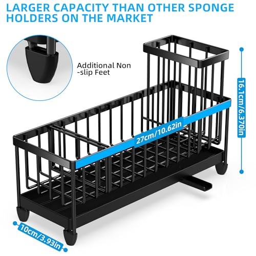 Extra Large Kitchen Sink Caddy, Rustproof Sponge Holder for Kitchen Sink Black