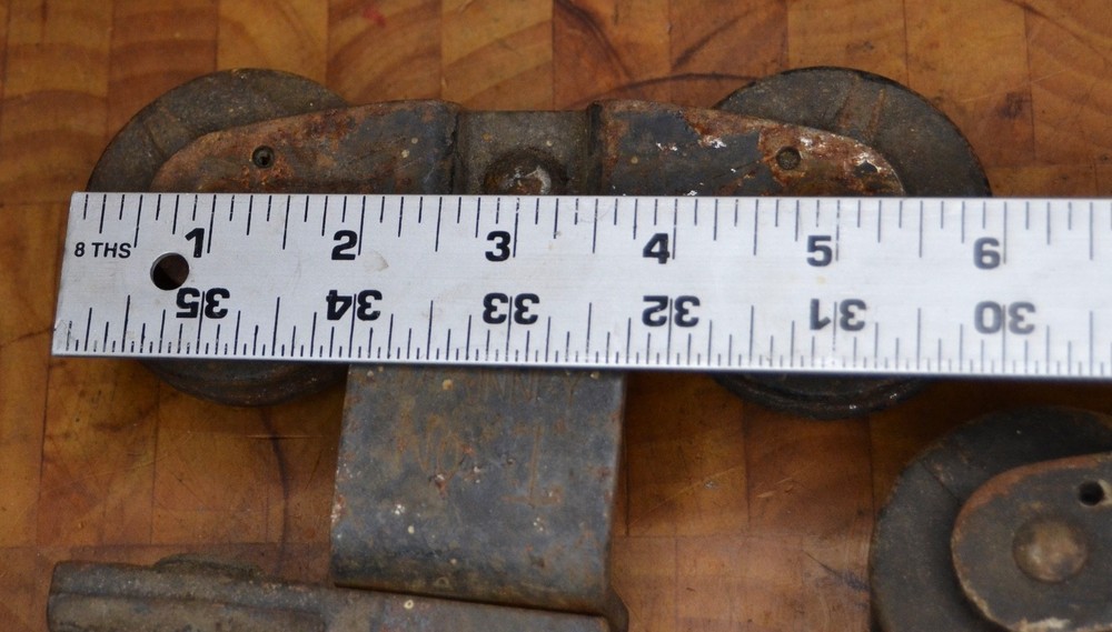 3 Antique McKinney Barn Door Trolley Rollers Double-Wheel Hardware Rusty As-Is