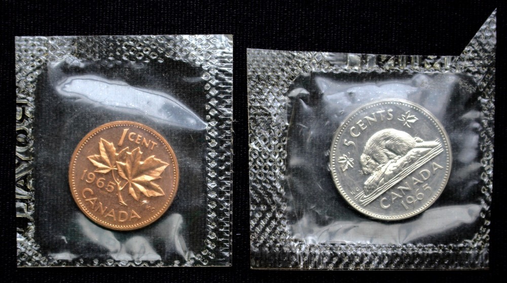 1965 CANADA 1 CENT & 5 CENT PROOF-LIKE COINS - Cut from Set