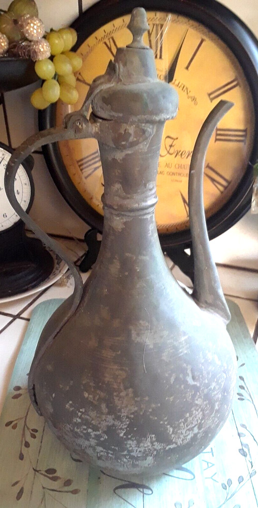 ANTQ Primitive Turkish Rustic Copper Water Urn Pitcher◇Attached Lid◇Lrg 15"