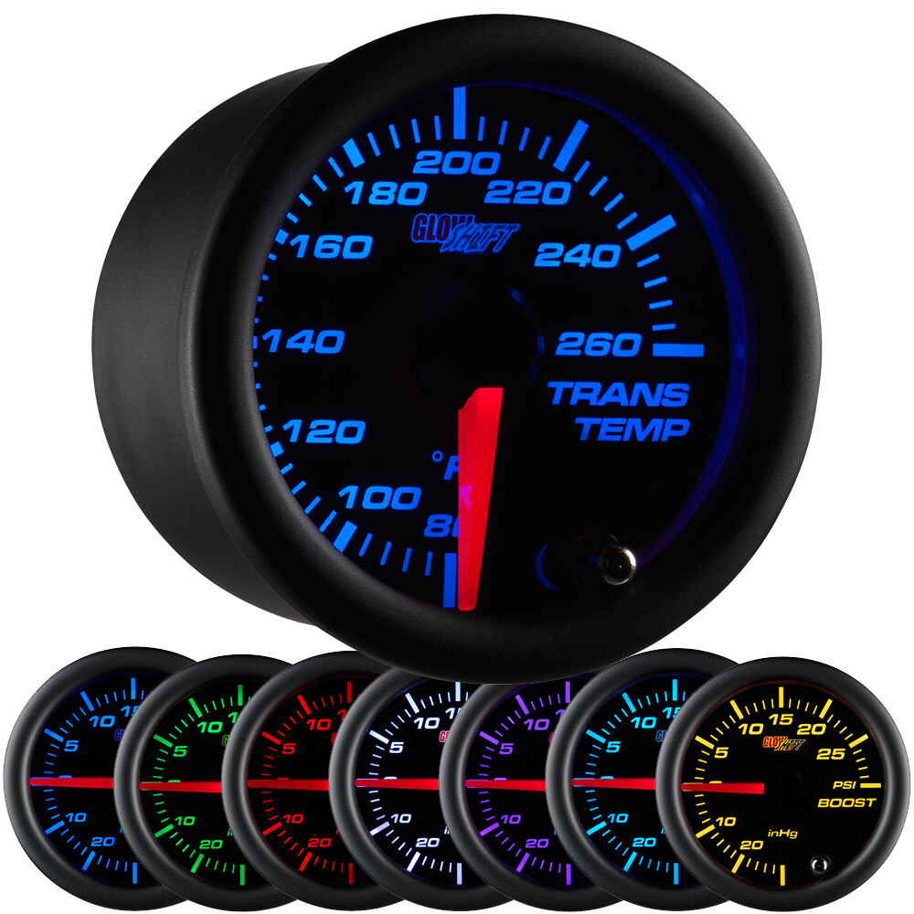 52mm GLOWSHIFT BLACK 7 COLOR ELECTRICAL TRANSMISSION TRANS TEMP GAUGE KIT
