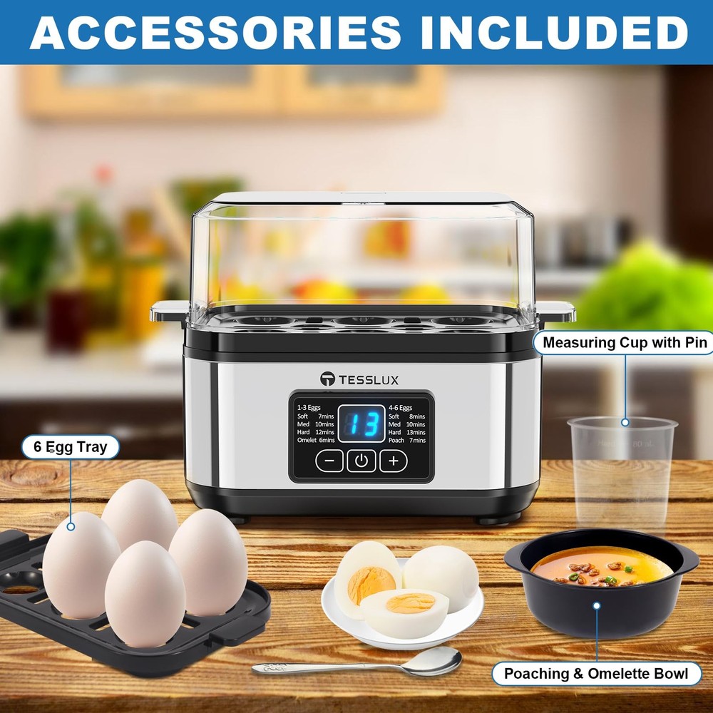 Electric Rapid Egg Cooker, 6 Egg Capacity for Hard Boiled Eggs, Poached Eggs,...