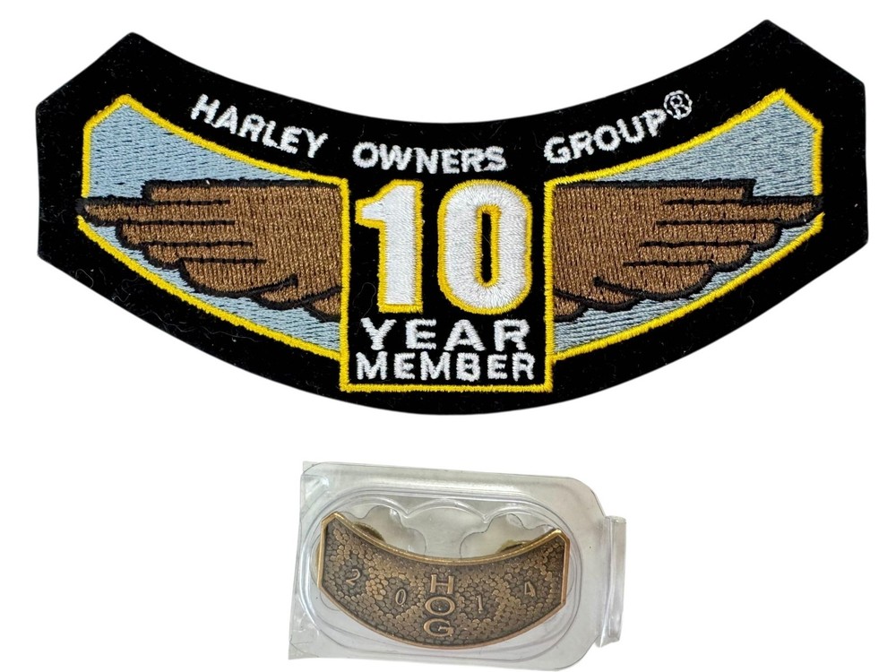 Harley-Davidson Owners Group 10 Year Member Patch & 2014 HOG Pin Gold Tone