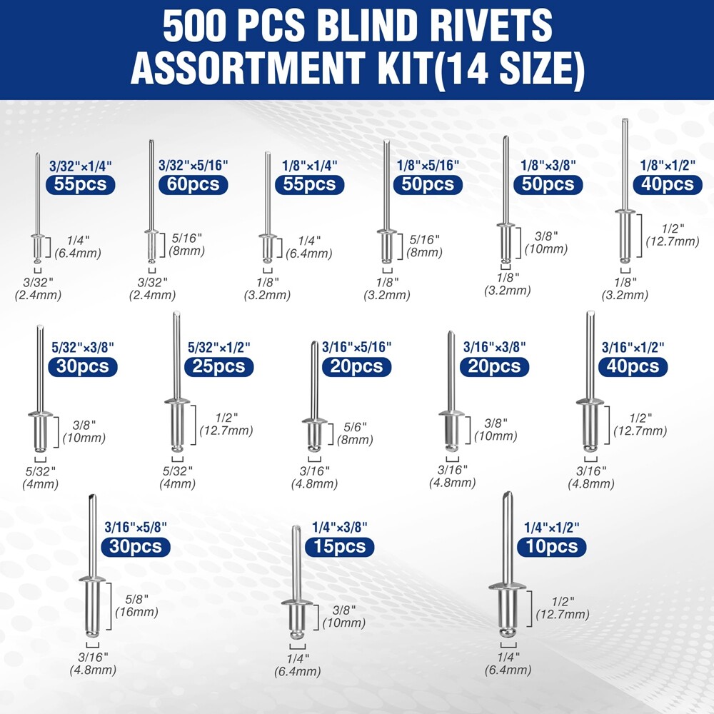 500PC Pop Rivets Assortment Kit Aluminum Blind Rivets 14Size Blind Rivet