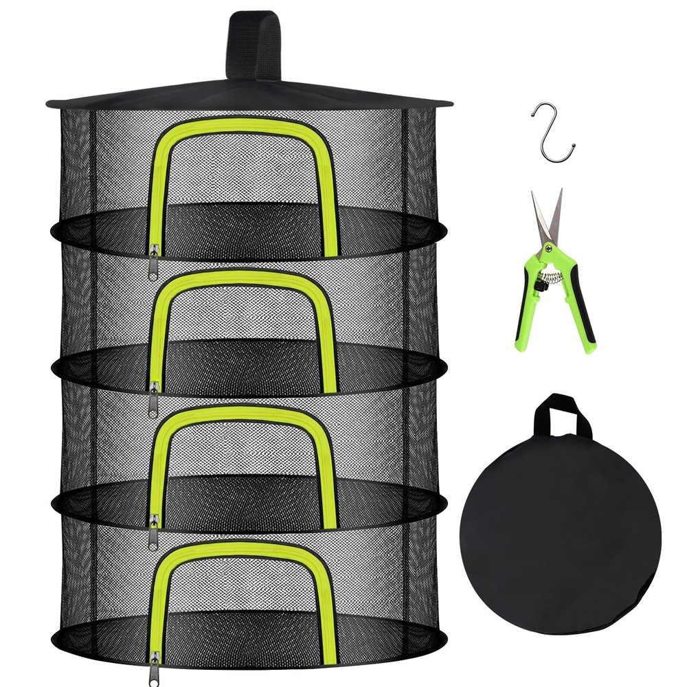 4 Layer Herb Drying Rack Hanging Mesh Foldable UZipper 23.62 Inch Shears Pot