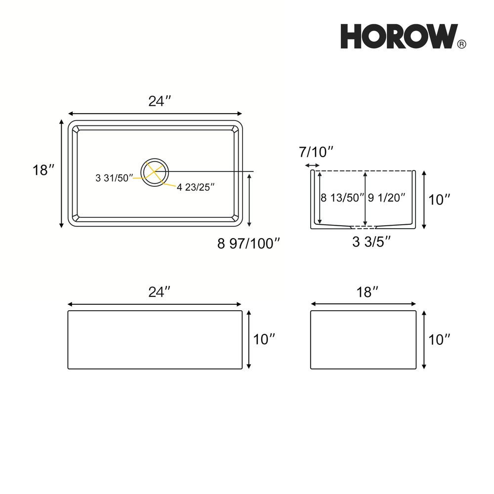 24" Sink Single Bowl Undermount Ceramic Farmhouse Apron Kitchen White Rectangle