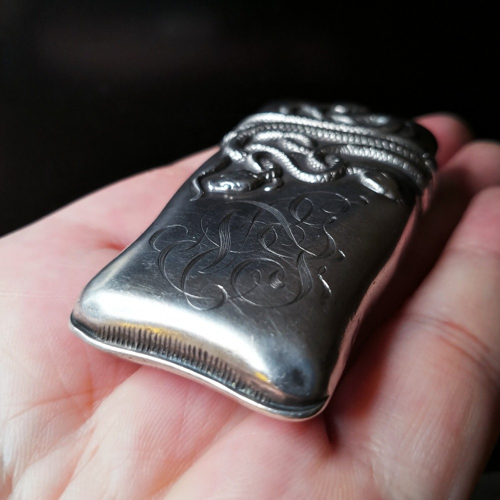 Superior Antique Coiled Snake Silver Match Safe / Vesta Case