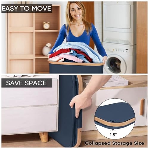 Laundry Hamper with Lid, Tall Laundry Baskets with Bamboo Pull 100 liters Blue