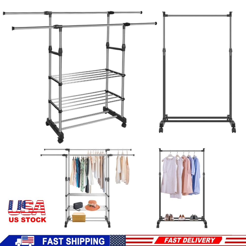 Single/Double Adjustable Clothes Hanger Rolling Garment Rack Duty Rail Organizer