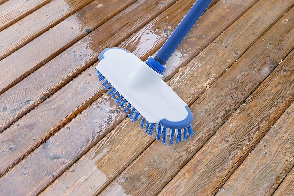 Superio Deck Scrub Brush with Scraper, 48" Long Metal Handle, Blue