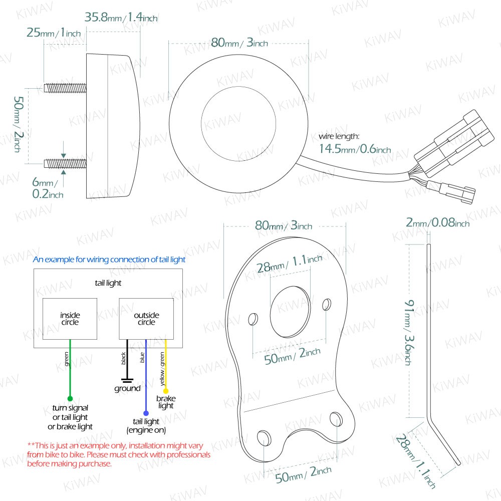 LED Round Tail Lamp with Black Mounting Bracket & Bolt Caps IP66 Waterproof