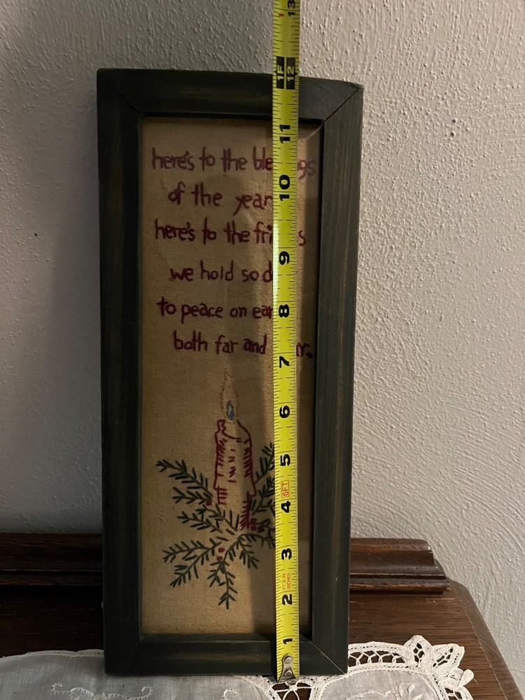 Primitive Stitched Blessing with Candle Wall Hanging, glue drips along edge