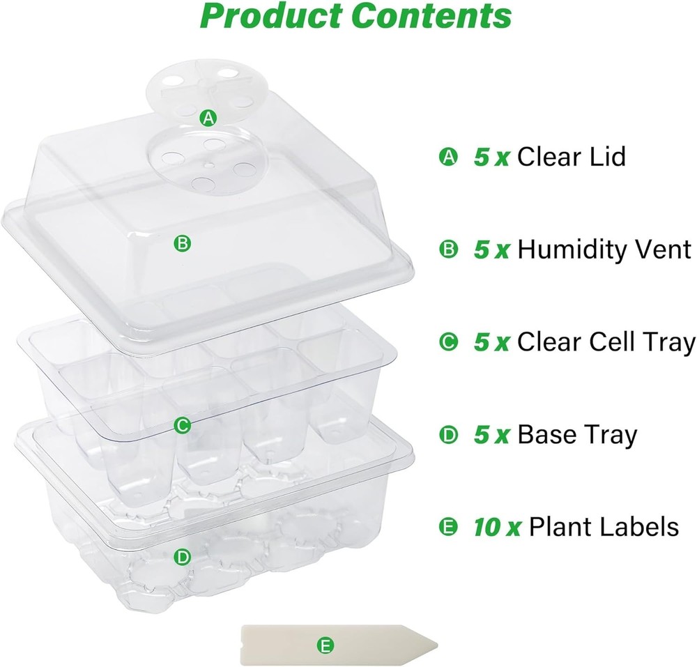 5 Clear Germination Trays with Adjustable Humidity Domes - Perfect for Seedlings