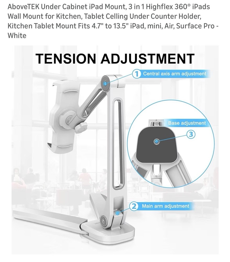 AboveTEK iPad Mount Stand Under Cabinet Tablet Holder Adjustable