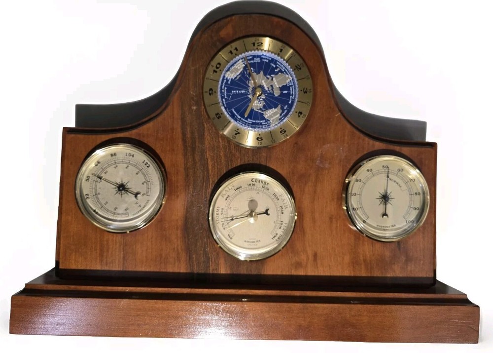 Weather Station With World Clock On Solid Wood Base, Thermometer, Barometer,...