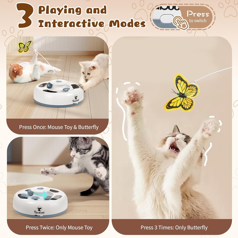 Pawaboo 3-in-1 Automatic Interactive Cat Toy, Electronic Motion White+Gray