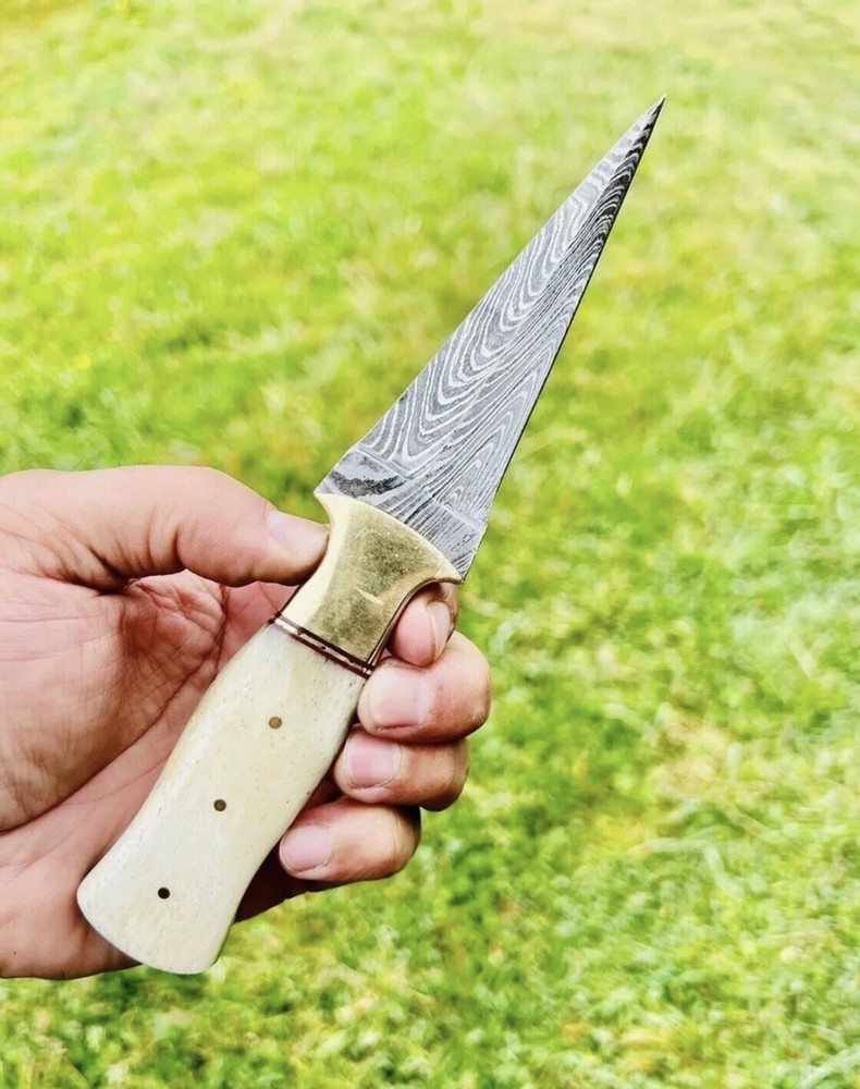 Forged Damascus hunting fixed blade boot knife Double edged Camel Bone Handle