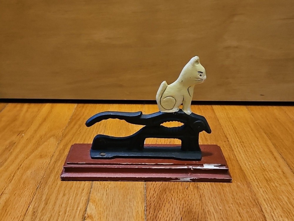 Vintage Cast Iron White Cat Nutcracker On Wooden Base
