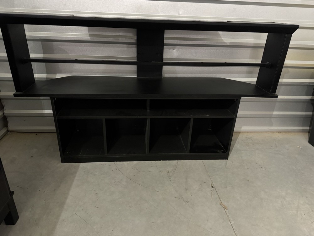 Black Rectangular TV Stand, Wood Composite, 4 Open Shelves, Contemporary Style