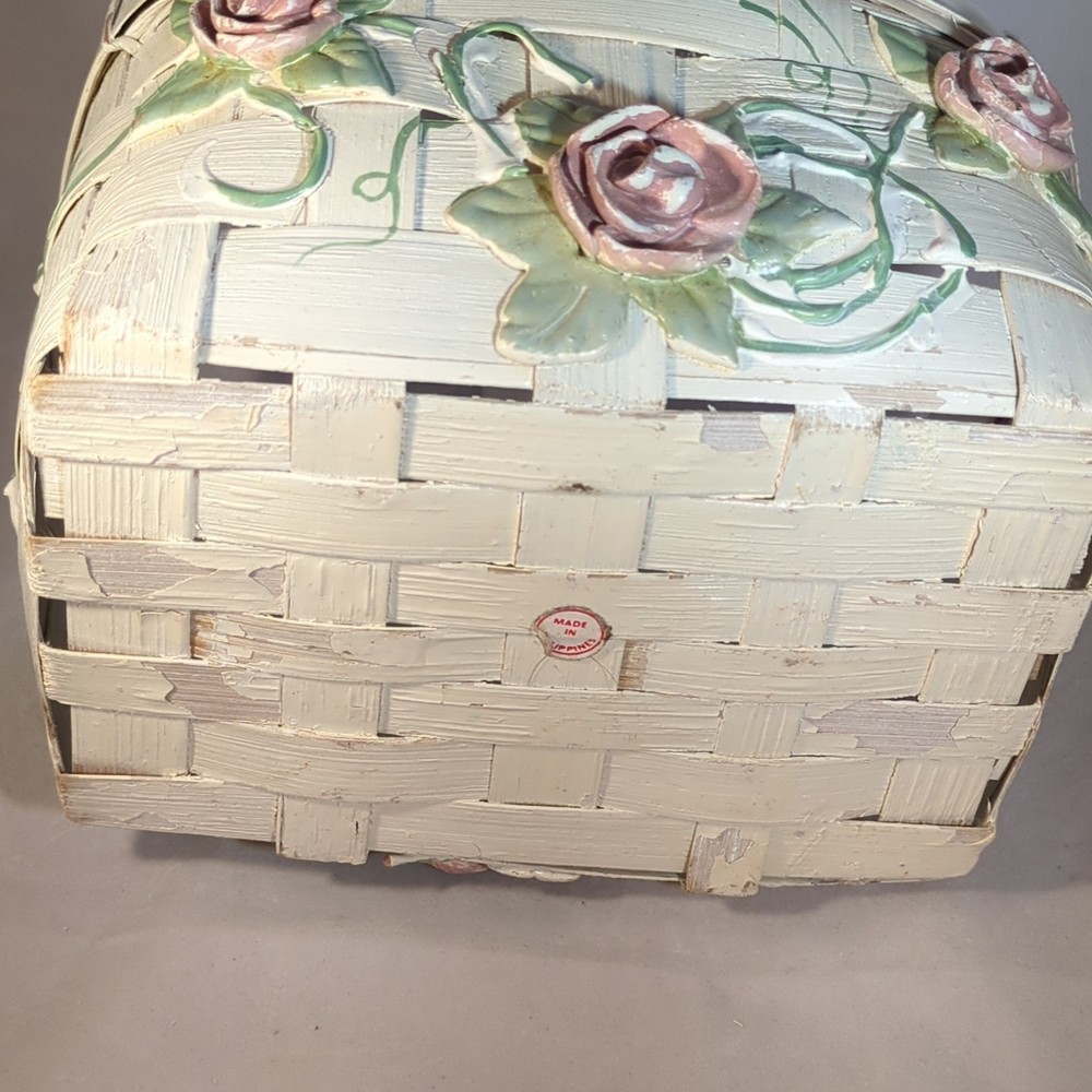 Ivory Rectangular Decorative / Easter Basket With Pink Rose Accents and Handle