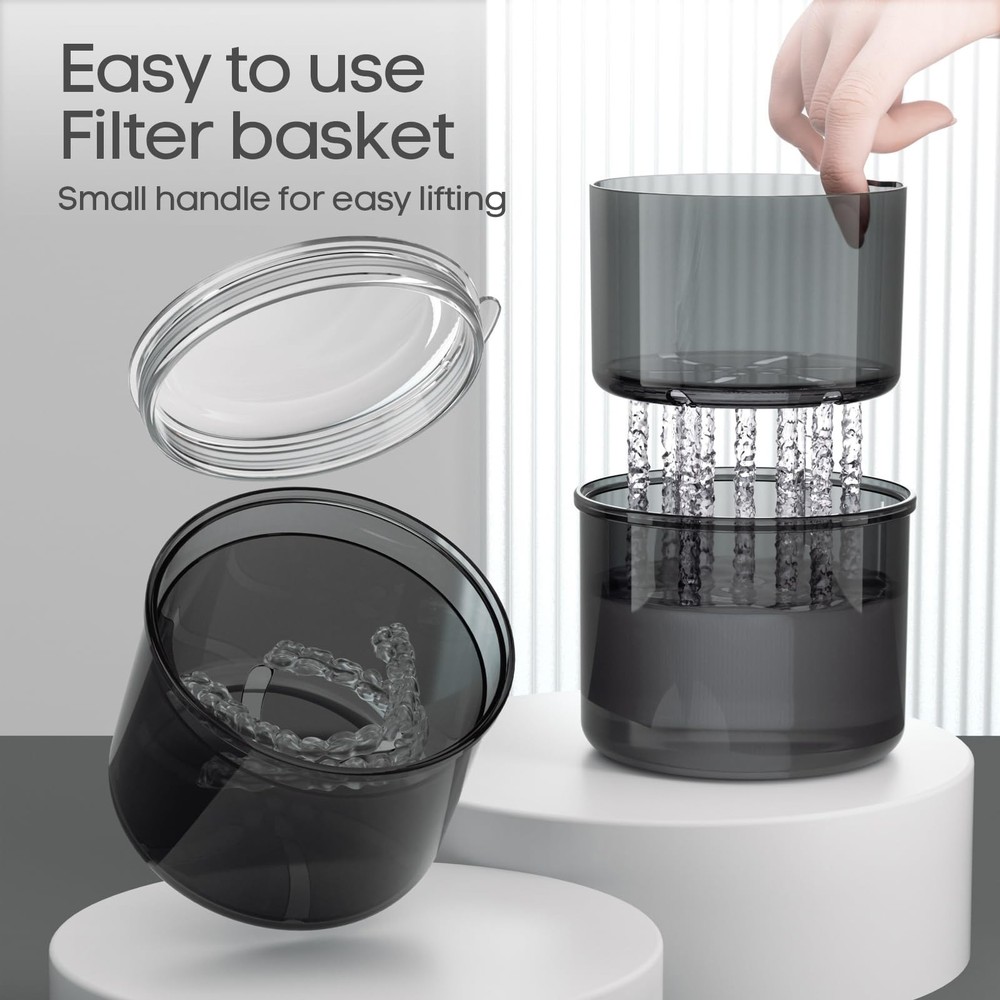 Denture Bath Cup with Cleaning Brush, Large Soaking Container Black