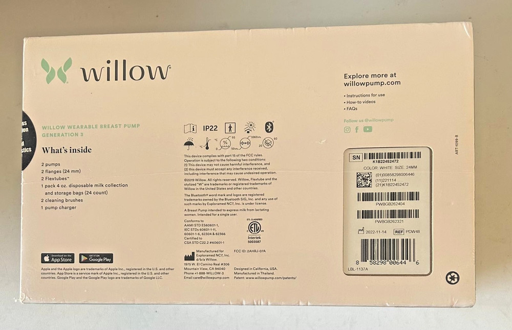 Willow 24mm 3rd Generation Breast Pump - White FREE SHIPPING