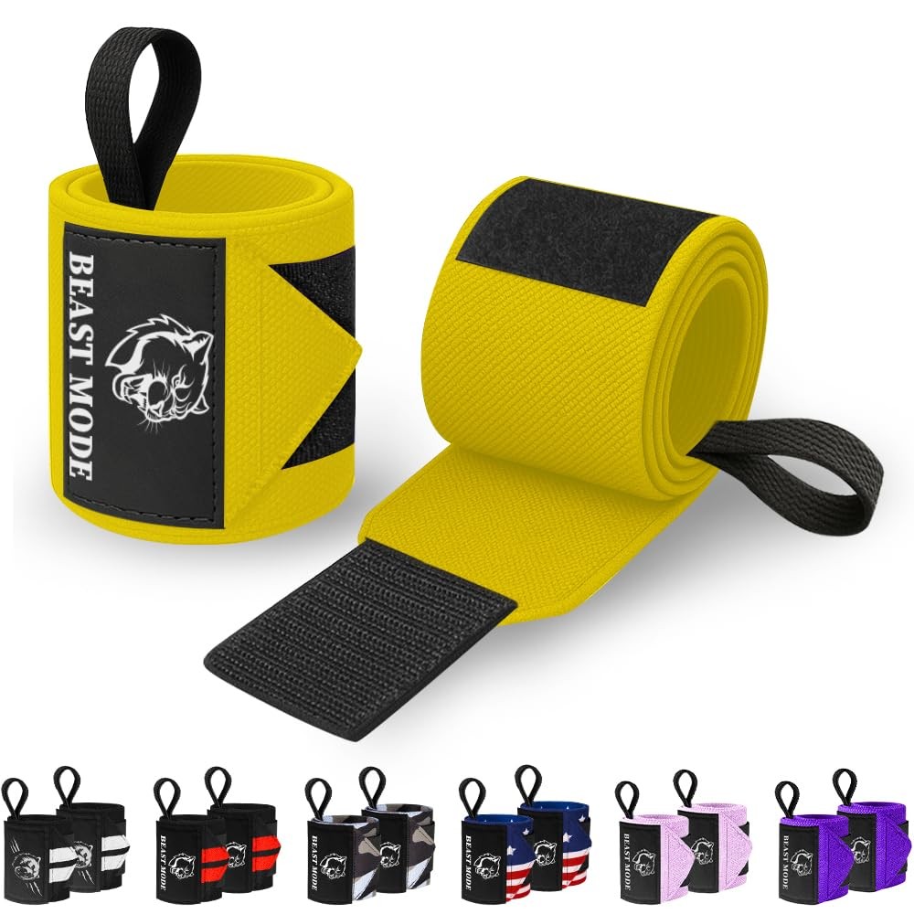 Weightlifting Wrist Wraps with Thumb Loop – Yellow – Beast Mode – 18 inch – H...