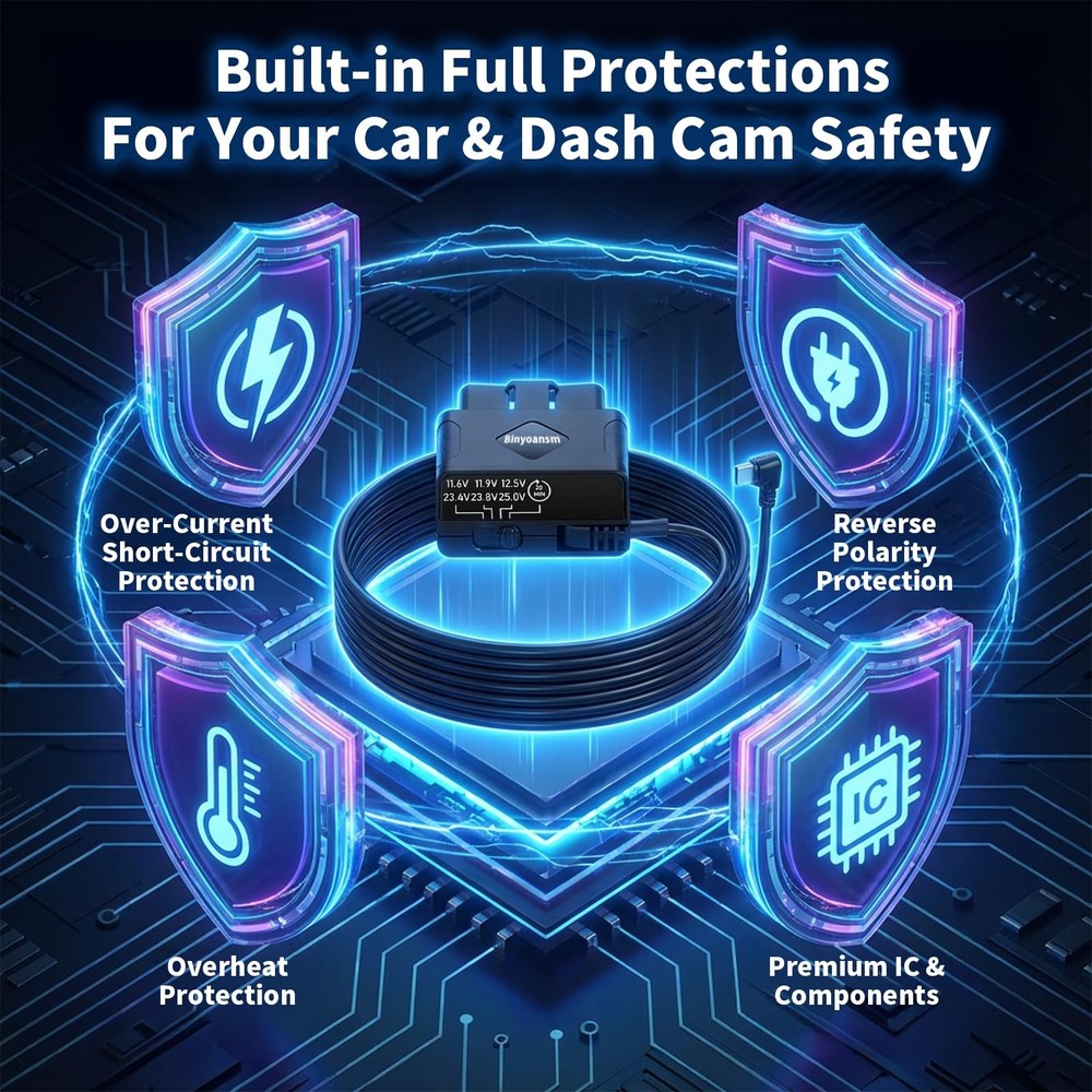 OBD Dash Cam Power Cable USB C with Acc Detection, Plug and Play Black
