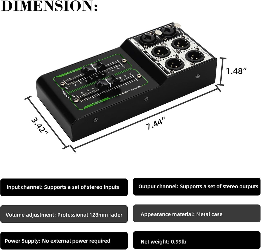 Passive Monitor Volume Controller, XLR 2 Input 2 Output Stereo Studio Controller