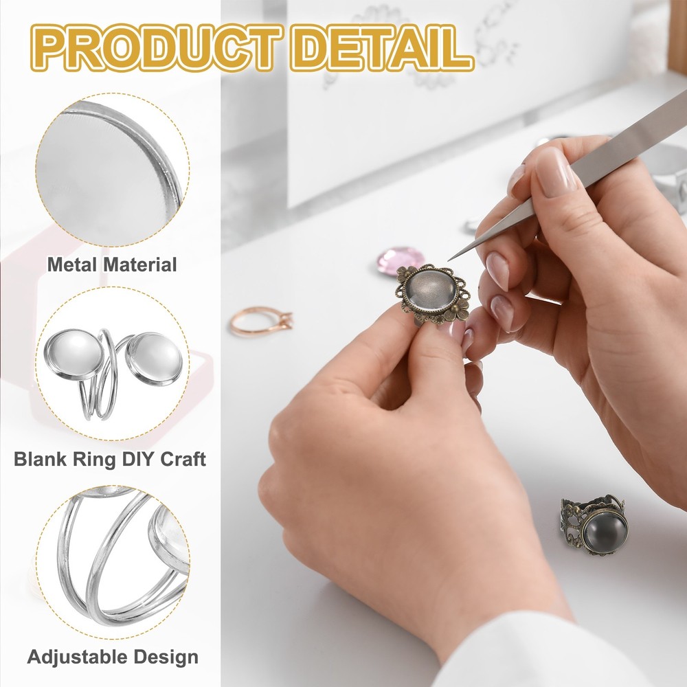 10Pcs 12mm Ring Blank Base with 20Pcs Cabochon(Gold/Light Silver/Bronze/Grey)