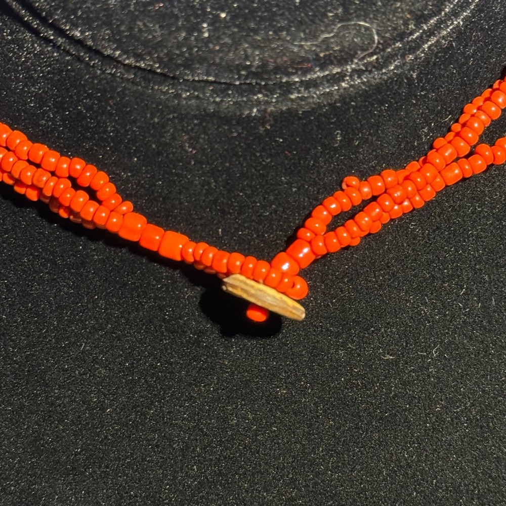 Vintage Red Beaded Necklace With Spiral Shell Pendant & Button Closure