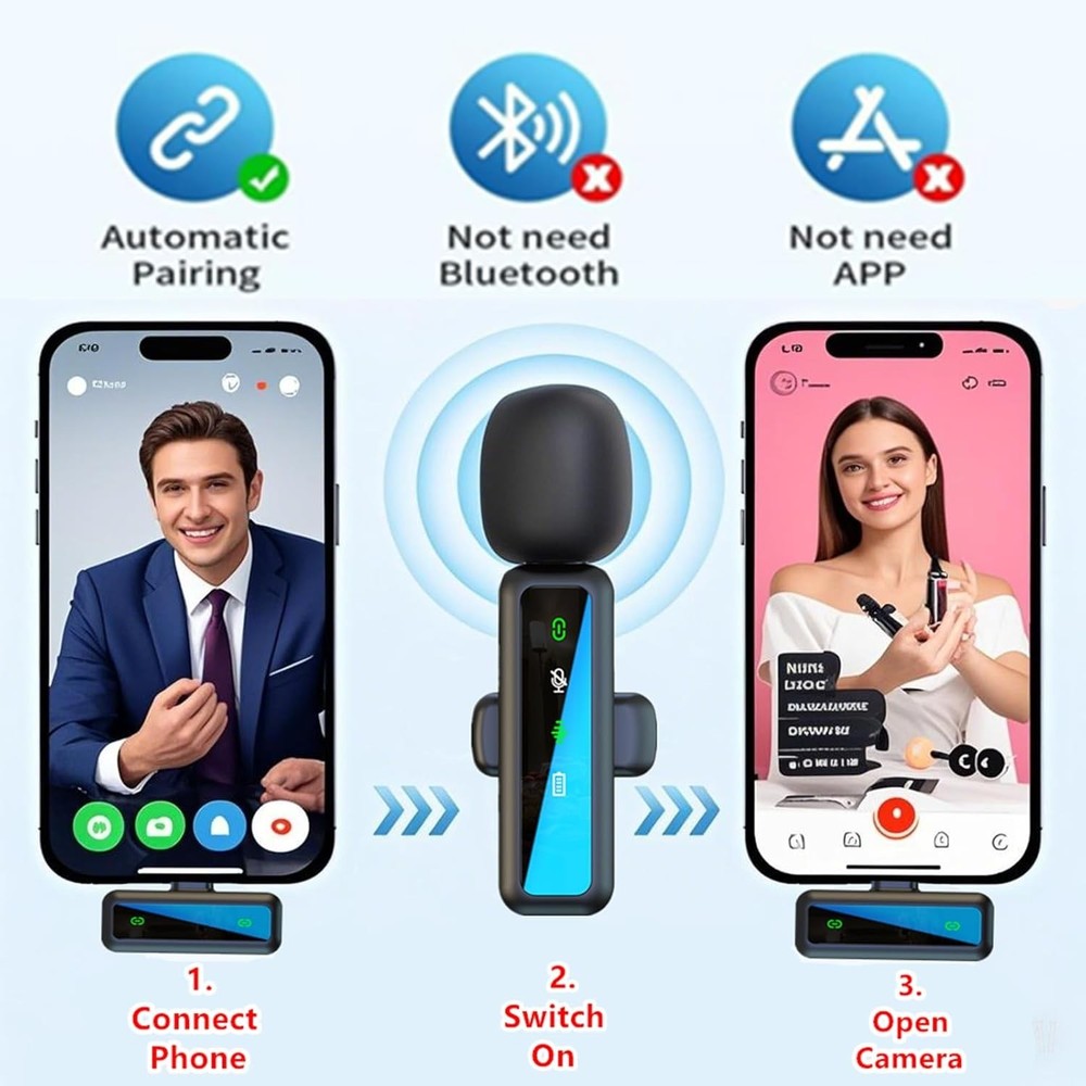 Wireless Microphone Mini Mic for iPhone/Android Phone, LED Display Lavalier Micr