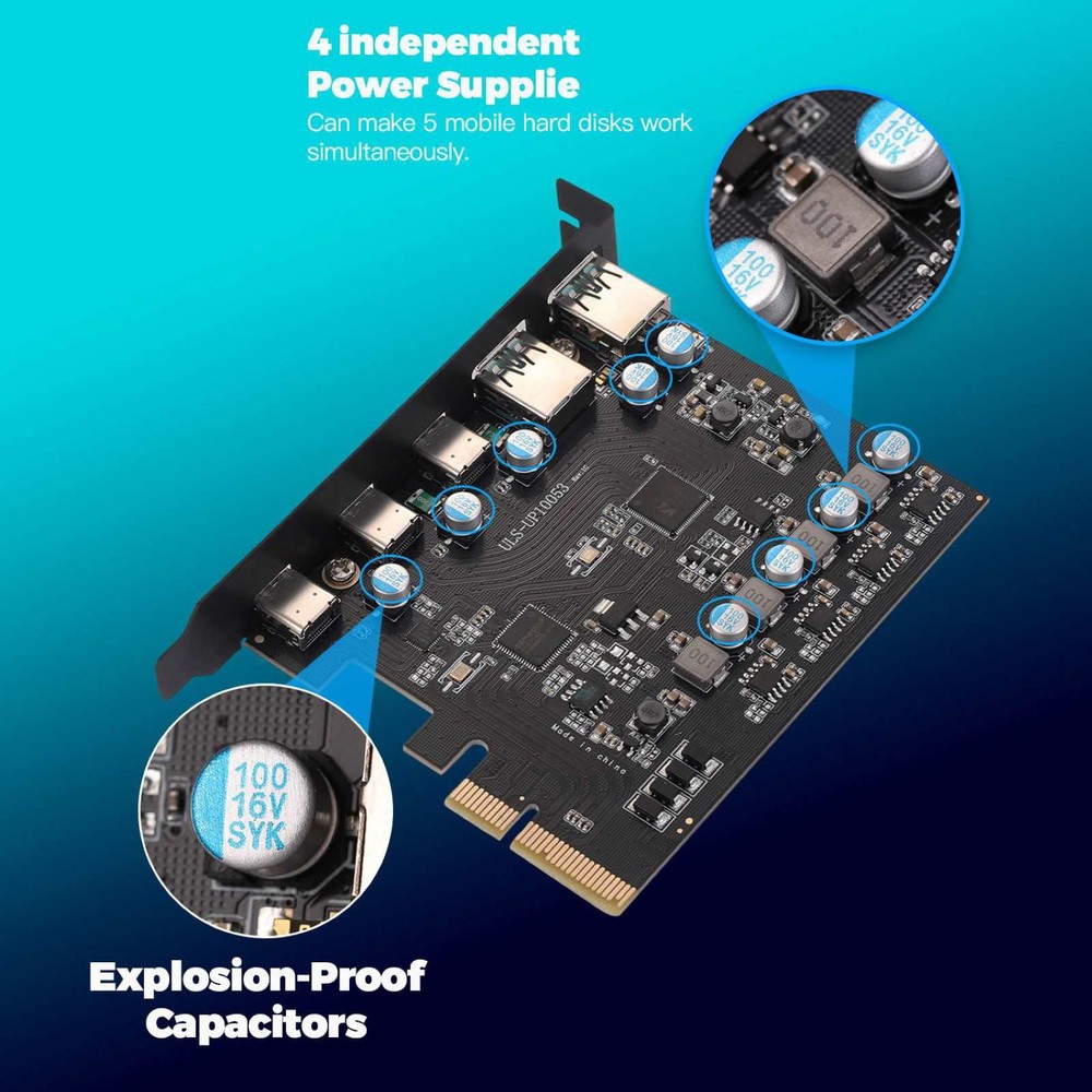 5-Port Expansion Card 20Gbps For Desktop computers 2*USB Type-A 3*USB Type-C New