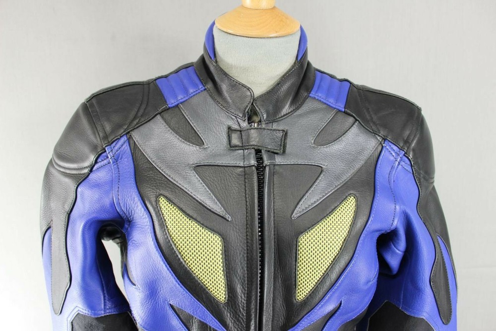 SUPERB J&S BLACK, BLUE & SILVER LEATHER BIKER JACKET SIZE 10